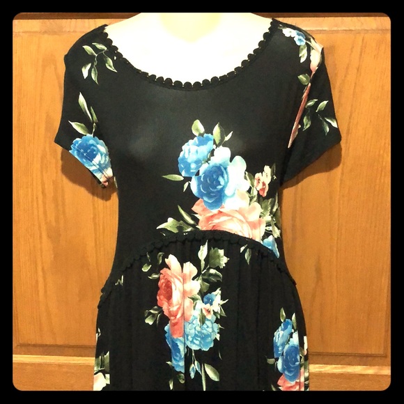 My Beloved Black/Coral/Blue Print Dress, Sz L - Picture 1 of 2